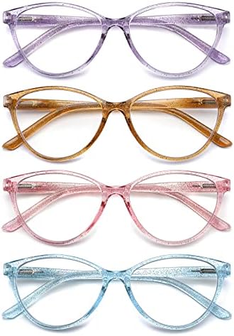 Очила за читање на пакети со вилица 4 сини светло блокирање за жени, бисер боја мачка рамка за очи дами компјутерски читатели, анти