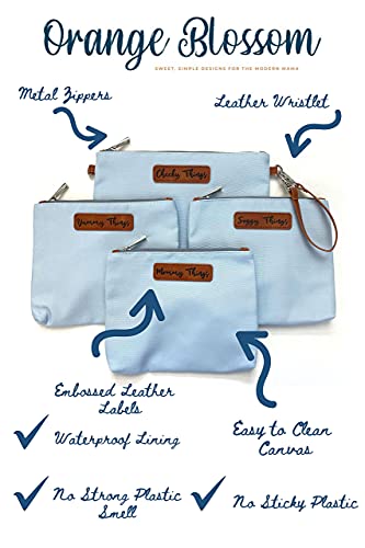 Стилски Торбички За Организирање Пелени-XL Комплет од 4 Светло Сини Торбички За Пелени Од Платно Со Врежани Етикети Од Кожа, Кожен Ремен