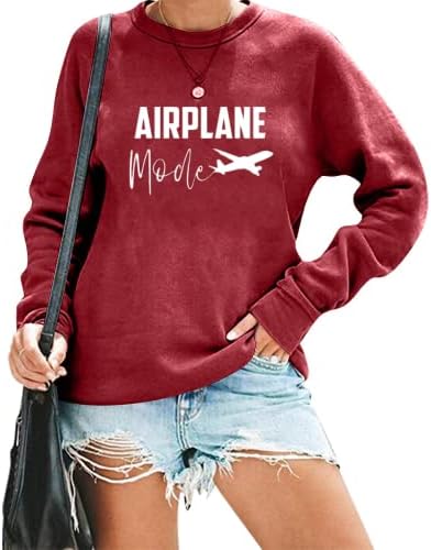 Niupihala Women Women Airplane Mode Sweatshirt Smightstur Print Print Travel Tops Обични долги ракави пролет есен на палењето