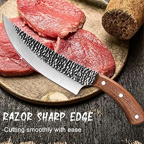 Wxcoo Meat Cleaver Nife, 7-инчен рака фалсификуван Клејвер нож Висок јаглерод не'рѓосувачки челик, месар Клејвер кујнски нож со џеб острилка за кујна, кампување, отворено, BBQ