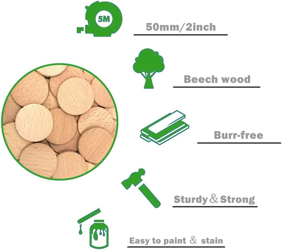 Heocakr 2 инчи природни парчиња дрва од бука, 30 парчиња недовршени 5 см цврсти дрвени монети рунди исечоци за проекти за занаетчиски производи, занаети за DIY, украси