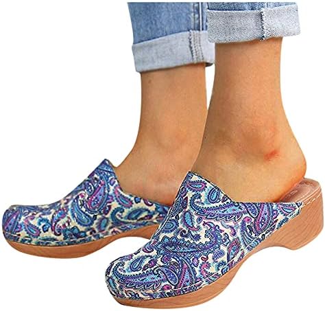 Папучи за жени на отворено водоотпорно печатено лизгање на гроздобер цветни отворени пети лизгачки квадратни летни флип -апостолки сандали патики смешни чевли со