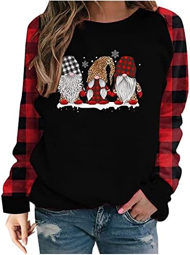 Narhbrg Божиќ плус кошула со големина за жени XMAS Gnome Print Long Sleaive Claid маица екипаж, обичен графички врвен џемпер