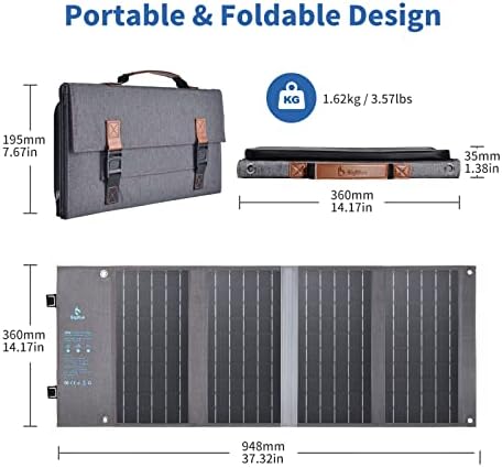 Полнач за соларни панели на Bigblue 36W со DC, PD 20W USB-C и брзо полнење USB-A, IP54 водоотпорен, преносен соларен панел за кампување, компатибилен со iPhone, Galaxy, таблети, мала електр?