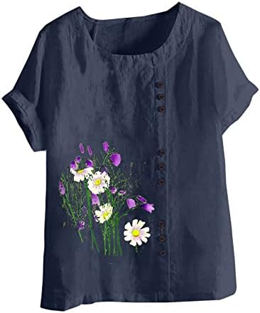Женски блуза краток ракав брод со вратот Постелнината памук Дејзи афион цветни графички плус големина дневна топ кошула за дами