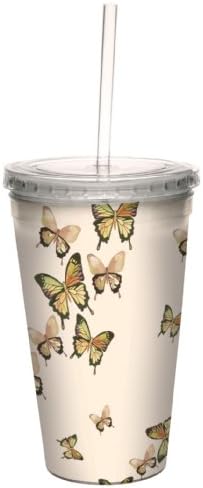 Поздрав без дрво Прекрасни пеперутки во лет од страна на Шел Румел 16 унца вештачка двојна wallид ладна чаша со еднократно слама