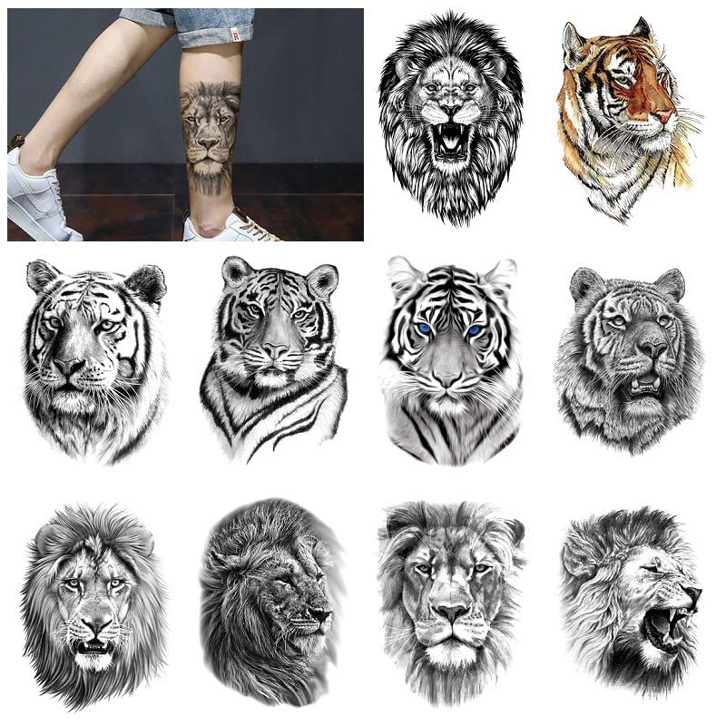 ИНТЕРОКИ 10 ПАРЧИЊА/Пакет тигар лав голема шема половина рака црна животинска шема сет за пренос на вода имитација налепница за тетоважа