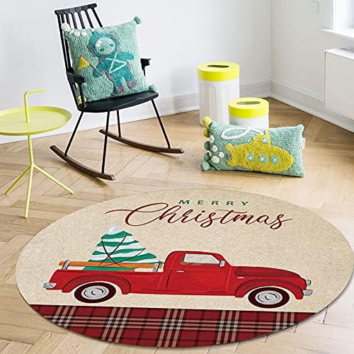 Голем килим за дневна соба за дневна соба, 3,3 метри килими што не се лизгаат за детска соба, Божиќ ретро црвен камион повлечете Божиќно дрво црвено карирано карирано