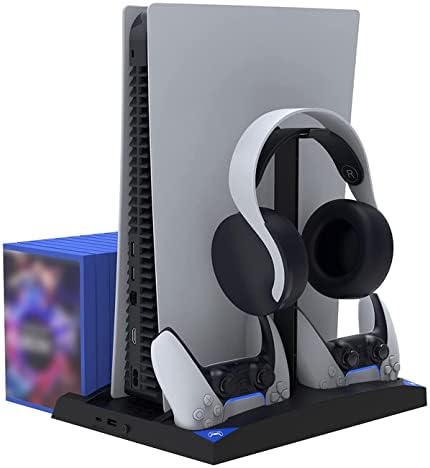PS5 Вертикален Вентилатор За Ладење На Држачот И Двојни Полначи За Контролер, ДРЖАЧ ЗА Додатоци PS5 со 17 Држачи за Складирање Игри И Слушалки За Игри