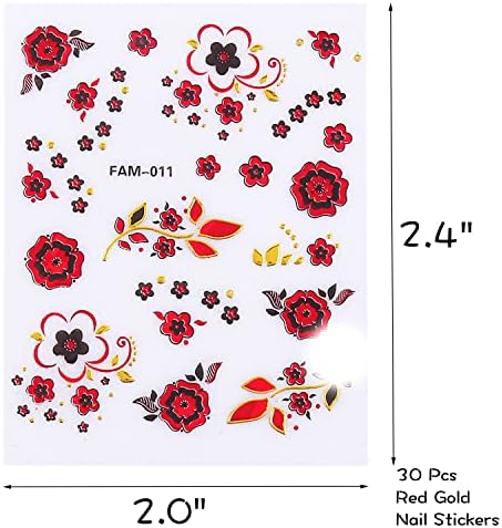 30 листови налепници за уметност од пеперутка за нокти црвено злато различни линии во форма на роза, 3Д самолепливи цвеќиња француски совети за нокти за жени девојки