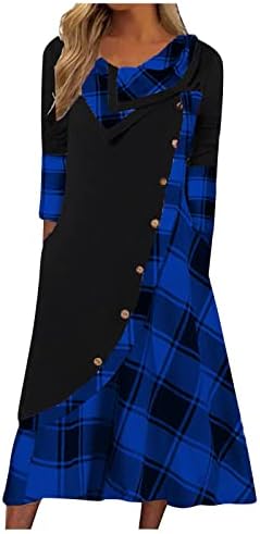 Nokmopo секси фустани за жени плус големина мода карирано копче за шиење џебови со долги ракави фустан со долг ракав
