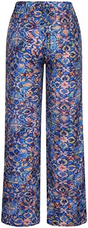 Женски обични летни капри панталони памучни постелнина еластична половината панталони цветни печати релекси
