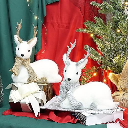 Орнаменти за Божиќни таблети Лулу, сет од 2 ставачки бели лежечки ирваси фигурини со сјајни антлер и нозе, Божиќна празничка мантија центар за полици, златни и сребр