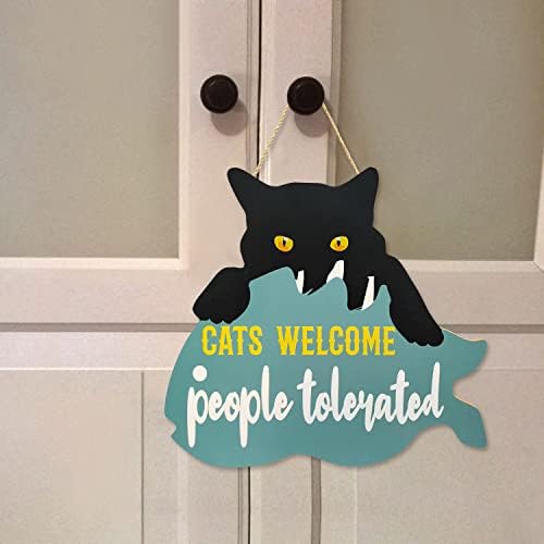 Подароци за мачки за loversубители на мачки смешни мачки добредојдени знаци луѓе толерирани lубители на мачки подароци дрвена црна мачка врата висина wallид знак 10x11 ин?