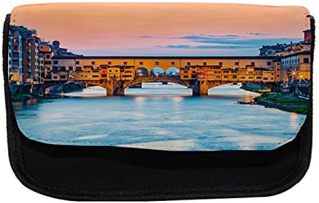 Случајно куќиште со молив на Фиренца, познат мост на зајдисонце, торба со молив со ткаенини со двоен патент, 8,5 x 5,5, повеќебојни