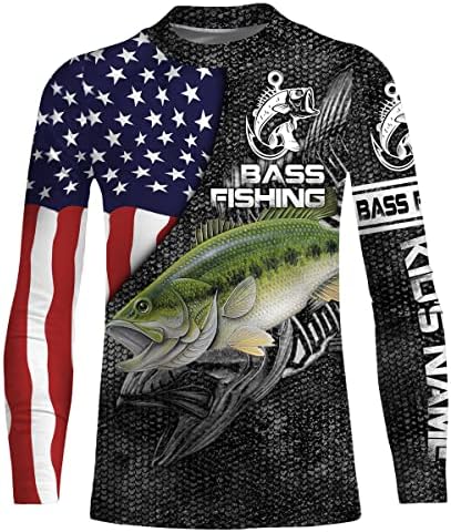 Персонализирани бас -бас риболов американско знаме Патриотски обичајно име риболов кошули дресови со долги ракави кошула, риболов подароци за тато, подароци за ри?