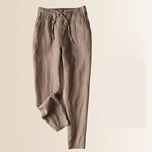 Исечени панталони за жени 2023 модни памучни панталони за постелнина панталони Еластична половината лабава обична панталона плажа Капри Пант