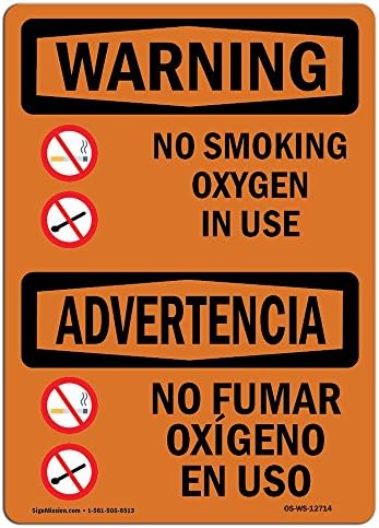 Знак за војување во ОСХА - без пушење кислород во употреба на двојазичен | Винил етикета Деклас | Заштитете ја вашата деловна активност, градилиште, магацин и област
