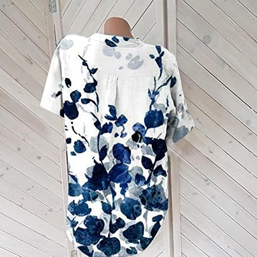 Врвови за памучни постелнини за жени со копче v вратите блузи врвови 2023 кошули со цветни печати деловни обични блузи тунични туники мета