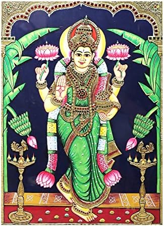 Егзотична Индија 21 „X 27“ божица Лакшми Танјоре Сликање | Традиционални бои со 24к злато | Рамка од тиково дрво | Гол
