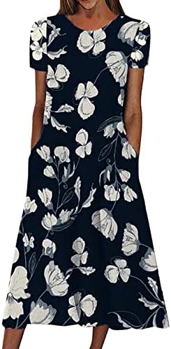 Дами обични фустани лето бохомски цветни принтрики кратки ракави макси фустан со џебови ленти лабави долг фустан
