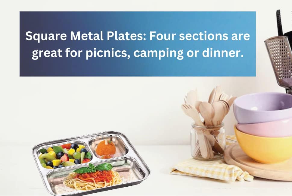 ОМГ зделки сет од 2 квадратни не'рѓосувачки челик Кид Плоча 3 Дел/Одделение 9 инчи одлично за кампување, детски ручек и вечера поделени индиски чинии за вечера, индис?