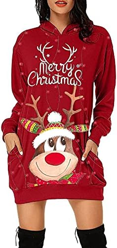 Narhbrg Среќен Божиќни дуксери се облекуваат за жени печатени долги ракави со качулка, џемпер од џемпер од џемпер со преголем пулвер