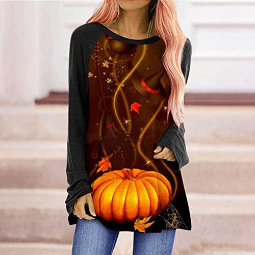 Маичка за блуза за девојки есен летен долг ракав 2023 трендовски памучен екипаж графички празник за Ноќта на вештерките за бранч на вештерките 3n