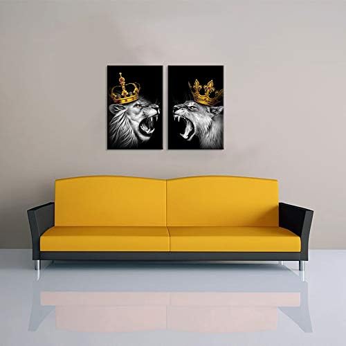 ihappywall 2 парчиња поставени лавови пар платно wallидна уметност црно -бел лав и лавна златна круна кралско животно слика уметнички дела за спална соба дома декориран и ?