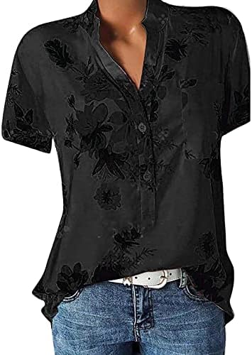 Лето плус големина Боемска цветна кошула за печатење кошула V-вратот со кратки ракави Топ џемпер за жени маици блуза