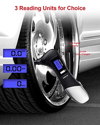 Мерачи на гума гума 150 psi дигитален мерач на притисок со гуми со LCD дисплеј и LED фенерче за мотоцикли за автомобили со камиони со велосипеди мултифункции 9 во 1 гаџет н?