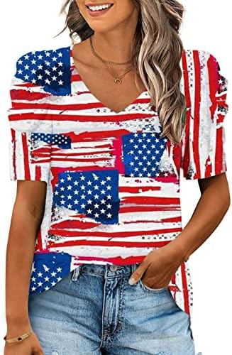 Lcepcy женски американско знаме печатено блузи, облечени обични v вратот, издуван ракав маички летни празнични врвови за хеланки