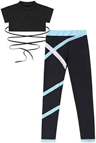 Yealdor Kids Girls 2 Piece Dance Tount Sneave Jazz Street Dance Crop Top и Leather Legging Постави јога танцувачка облека