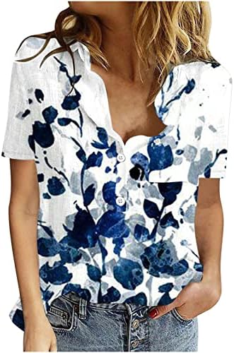 Копче за блузи на женски постелнини надолу v Блузи на вратот 2023 Цветни кошули за печатење Busineee Обични блузи Туника Туника за нозе за нозе