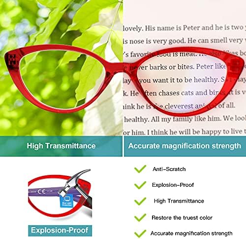 4 Пакет Очила За Читање Блокирање На Сина Светлина За Жени Кристал Мачкино Око Стилски Читатели Со Меки Торбички Лесни Очила Против Замор На Очите/Отсјај/УВ 1.25