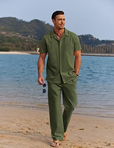 Coofandy Men 2 Piece Lenen Облека за плажа копче надолу со кошула Обични лабави пантолони