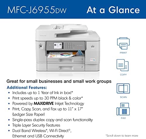 Brother MFC-J6955DW Inkvestment Tank Color InkJet All-in-One Printer со безжично, дуплекс печатење, стакло за скенирање 11 ”x 17” и до 1-годишна мастило во кутија