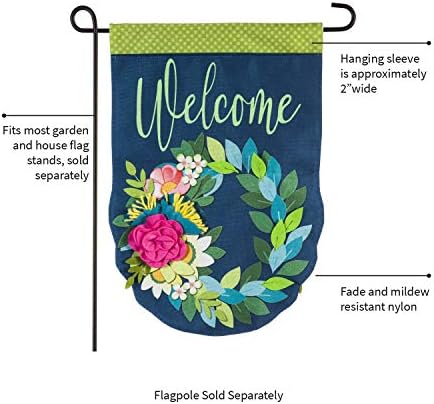Evergreen Добредојдовте пролетен цветен венец со големина на градина со големина | Двострана и 3Д апликација за шиење на шиење | Сино зелена розова | 18-во x 12,5-во | Надвореш