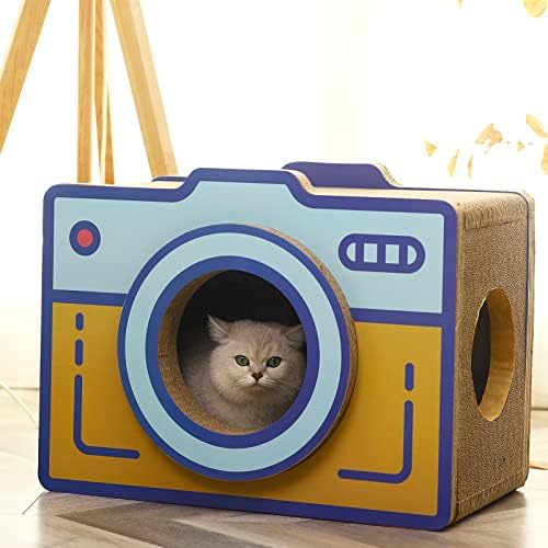 Винчи Кутија Картонски Куќи За Мачки Во Форма на Камера За Внатрешни Мачки Голем, Голем Кондоминиум За Мачки Со Кутија За Отпадоци, Табла За Гребење Мачки, картон жо