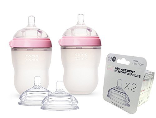 Комотомо природно чувство за шишиња за бебиња, розово двојно пакување, 250мл плус дополнителни пакувања на брадавици - брз проток и променлив проток