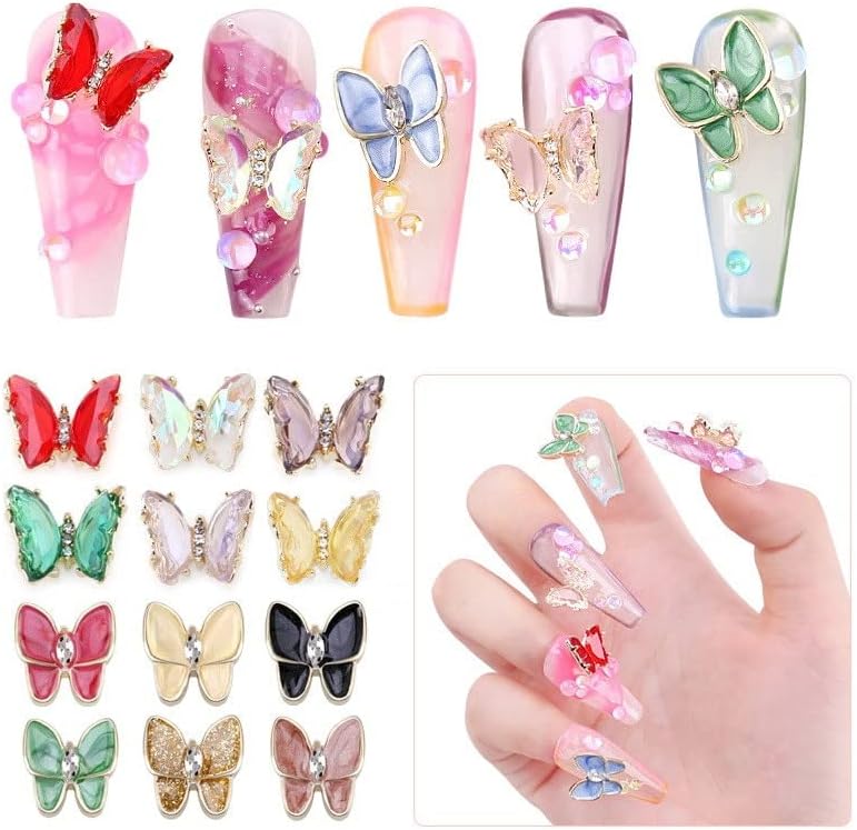 10 парчиња UV гел полски пеперутка ригинестонс накит за нокти Исклучителен декор светло светло луксузен маникир 3Д пеперутка кристална привлечност -