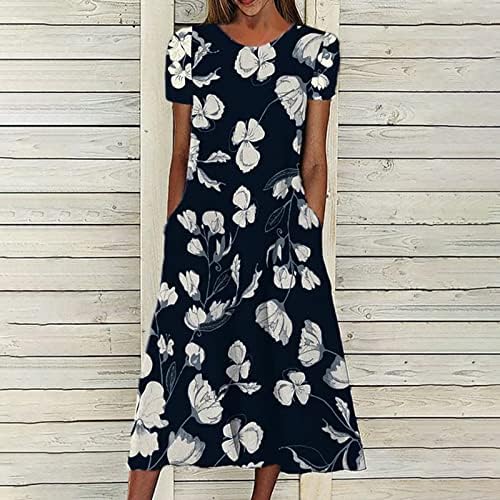 Дами обични фустани лето бохомски цветни принтрики кратки ракави макси фустан со џебови ленти лабави долг фустан
