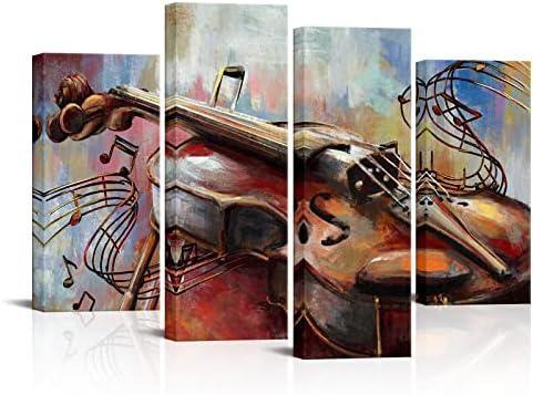 Skenoart 4 панел музичка wallидна уметност апстрактна виолина за сликање на виолина на платно музички инструмент слика гроздобер сино кафеава уметност за домашна дневна