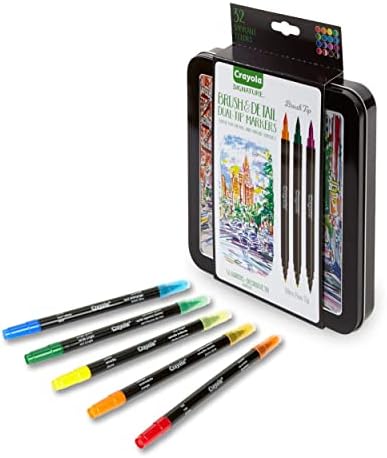 Crayola Brush & Detail Dual Tip Markers, 32 бои, 16 брои и маркери за фини линии за возрасни, премиум маркер поставен за боење на возрасни, одлично за книги за боење на возрасни, подароци