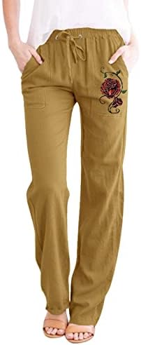 Kcjgikpok женски постелнина панталони, обични високи половини со лежечки ленени панталони со лекови со тренинзи со џебови