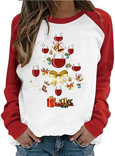 Божиќна маичка женска смешна винска чаша за вино со долг ракав Раглан пулвер врвови, обичен тркалезен врат лабава Божиќ