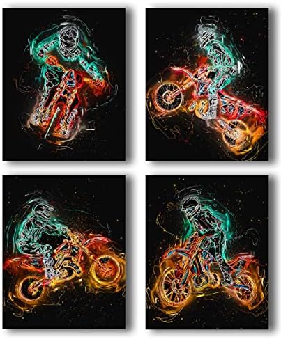 Huagreny Extreme Motor Sports Wall Art Prints, Постери за уметност со моторцик за wallидови за детски момчиња декор, подарок за син, внук, внук, деца, сет од 4 8 * 10inch, нерасположени