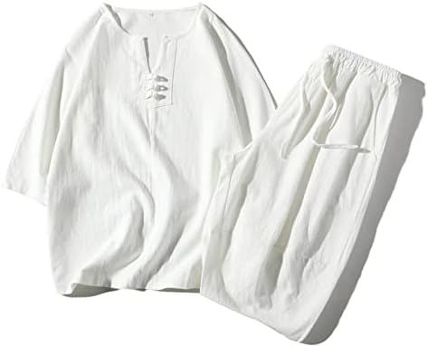 Стоута Менс солидна боја маица и шорцеви постави тренерки со 2 парчиња облека, танг -костум исечени памучни постелнини за постелнина