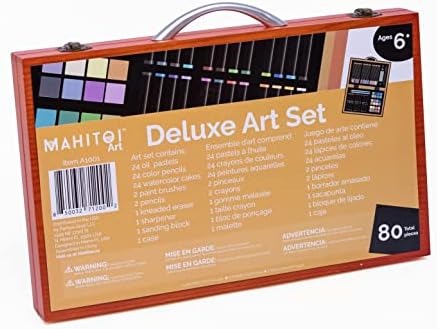 Mahitoi 82 PC Deluxe Art Set Компактна преносна дрво кутија 24 моливи во боја 24 нафтени пастели 24 акварели 2 четки 2 цртање моливи на молив, острилка за молив, мачкан со пескарење ?