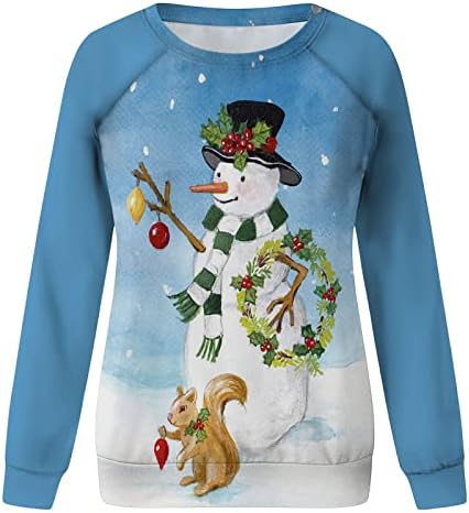 Xiaojmake Облека за жени Божиќна снежна графичка маица за маица, обичен празник, симпатична печати долги ракави врвови